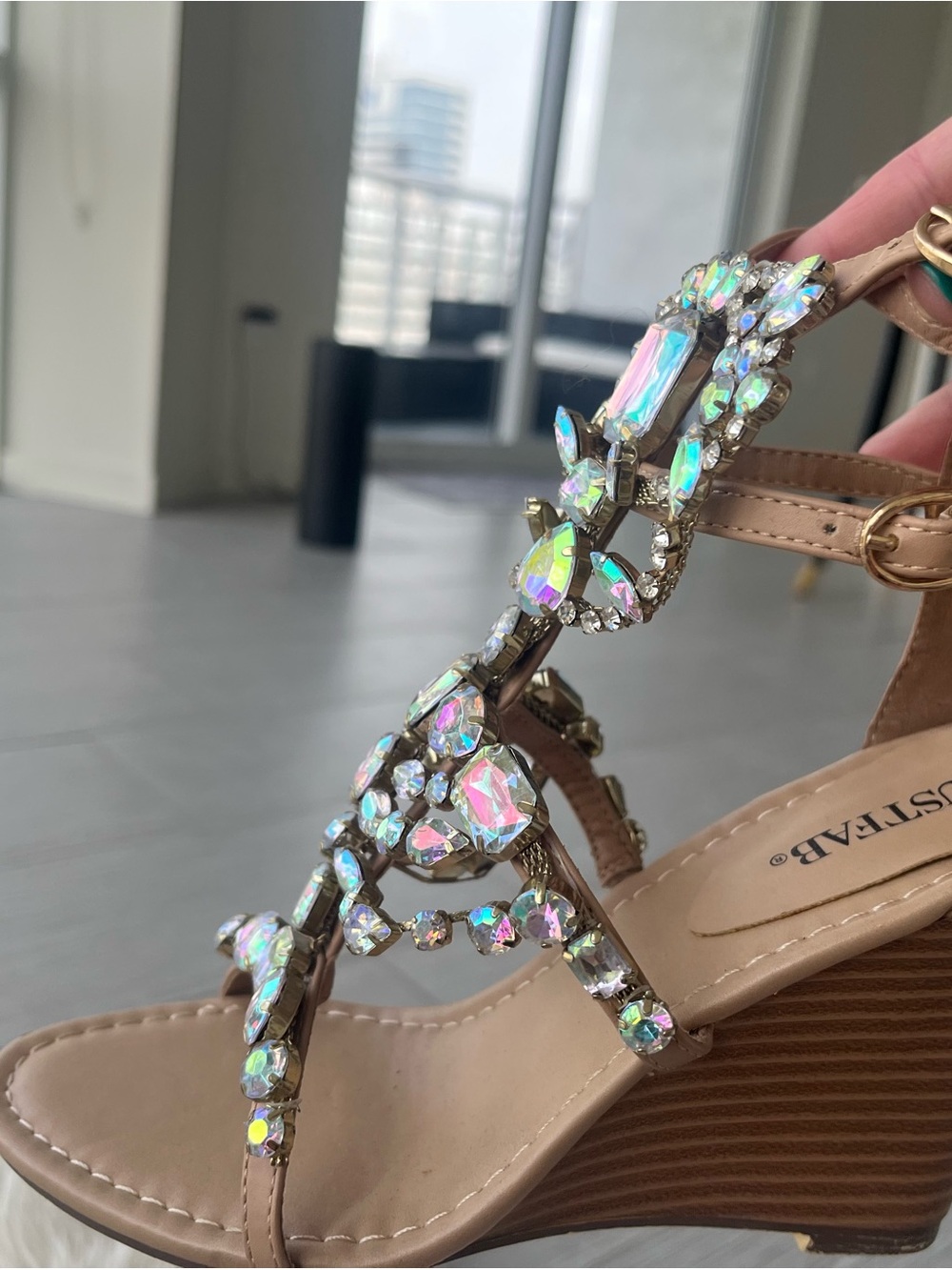 Crystal Embellished Nude Wedge Sandals by Not Clearly Visible Brand